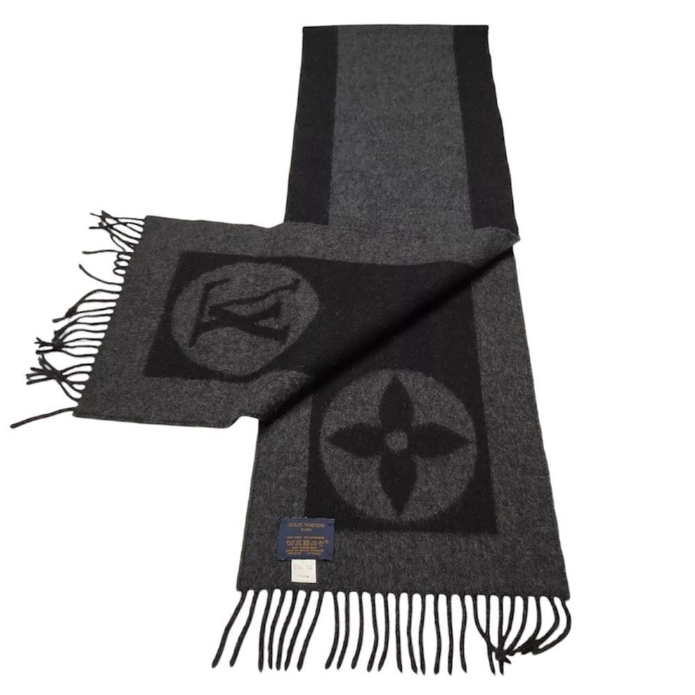 Authentic Louis Vuitton Gray Black Cashmere LV Monogram Baroda Scarf Stole Wrap - Picture 3 of 11